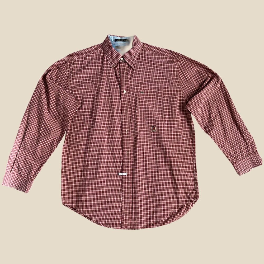 Vintage Tommy Hilfiger Crest Logo Red Contrast Plaid Long Sleeve Button Front L